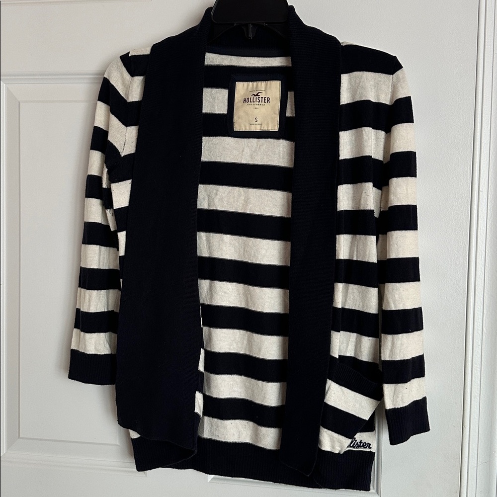 Hollister Navy and Cream Striped Open Cardigan